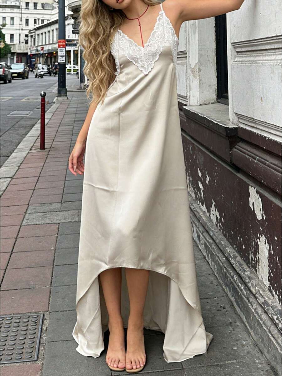 Women Summer Deep V-Neck Lace  - Slip Dress Satin 리뷰 및 가격