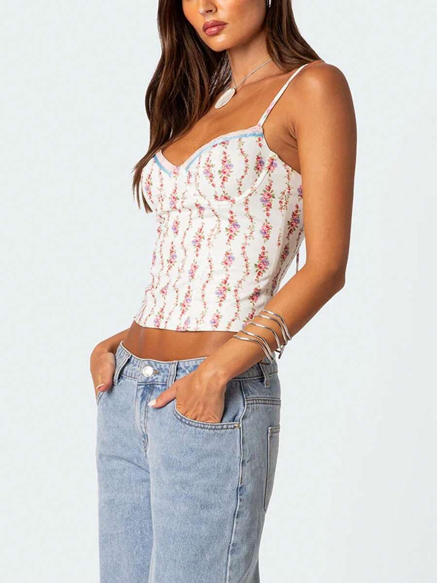 Women Floral Print Tie Strap V - Cami Top Lace 리뷰 및 가격