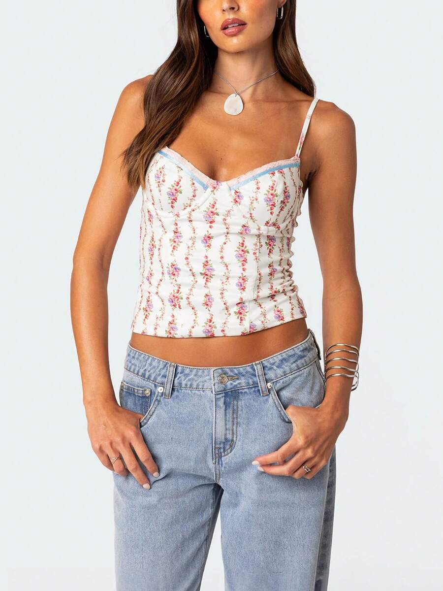 Women Floral Print Tie Strap V - Cami Top Lace 리뷰 및 가격